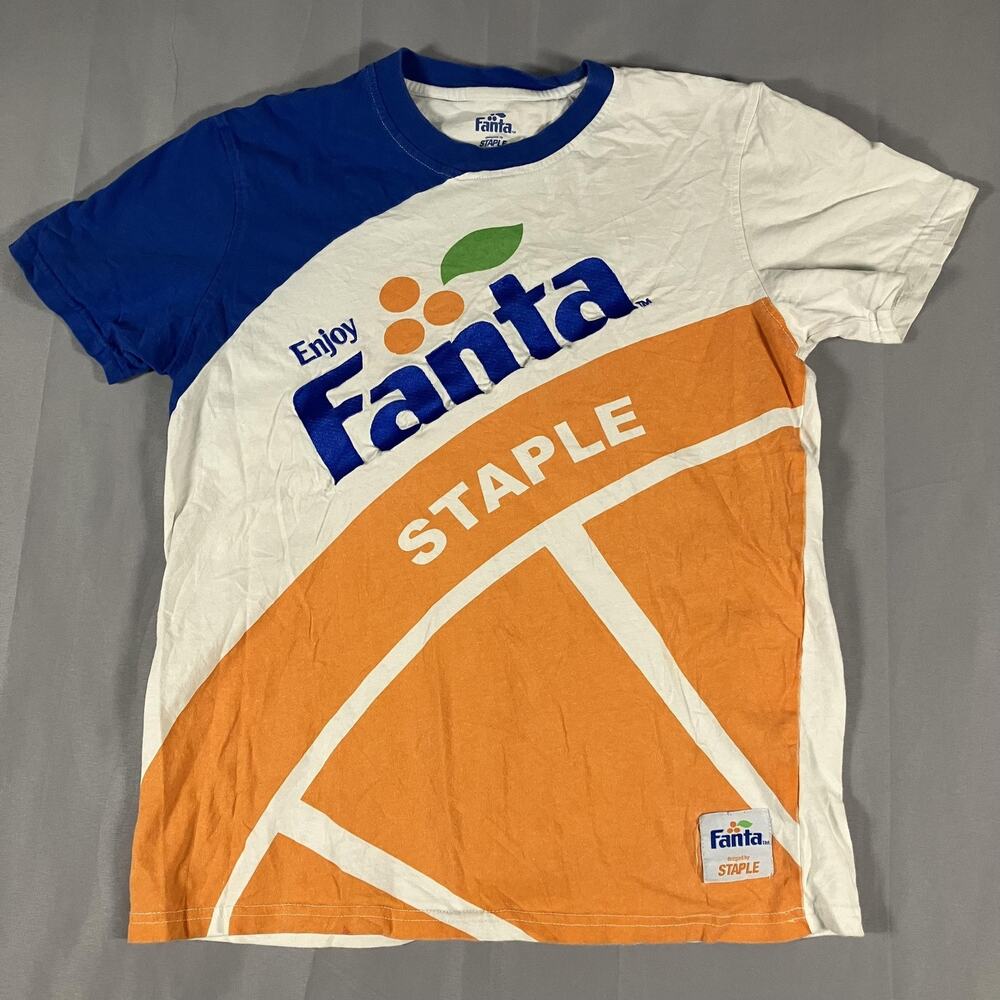 Fanta Staple Shirt Mens Small White Orange Blue Chenille Graphic Soda Tee‎